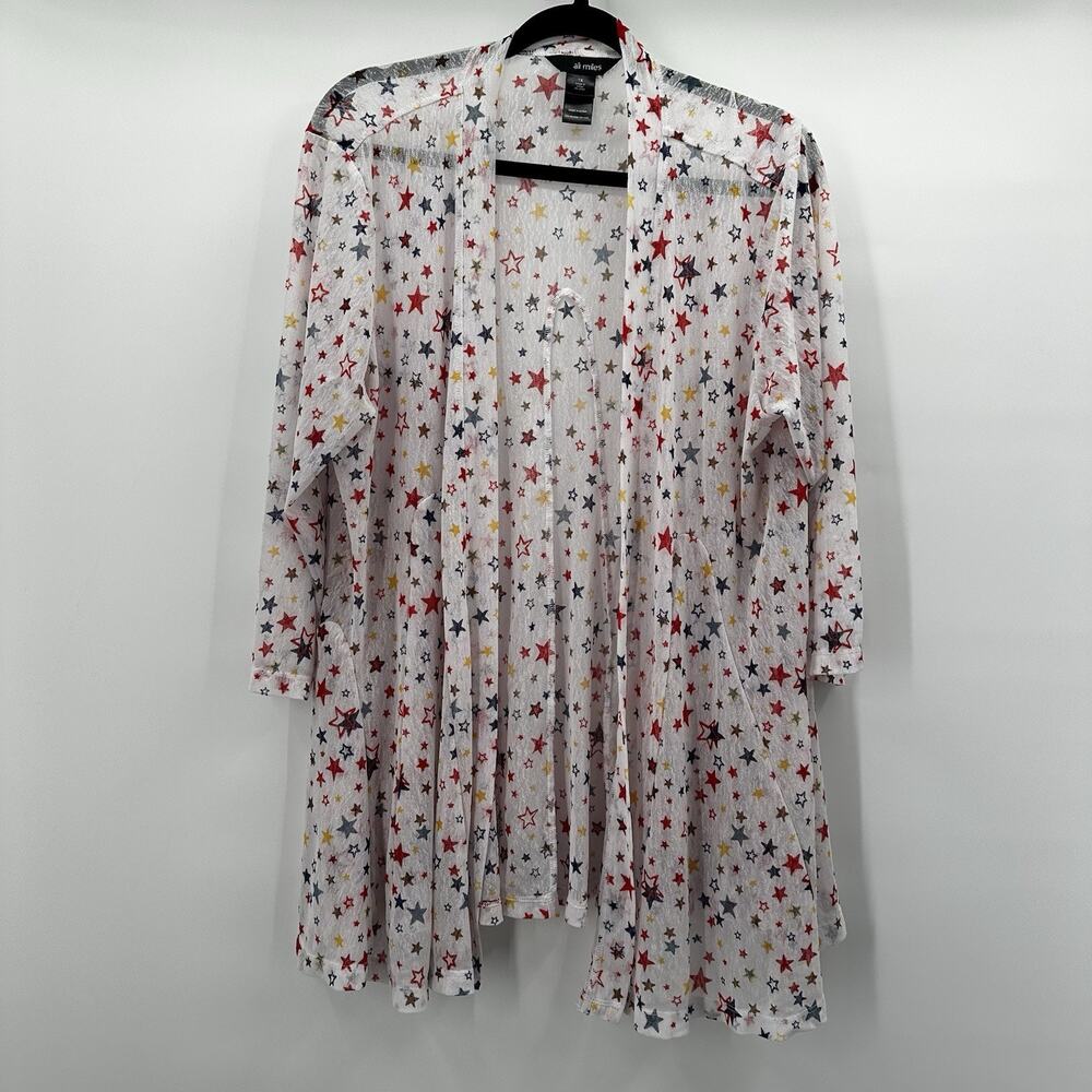Ali Miles Cardigan Sweater Womens 1X White Star Print Mesh‎ Light Weight